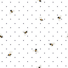Trendy seamless bees pattern on polka dots background. Hand drawing bee illustration style design for textile, decor,
