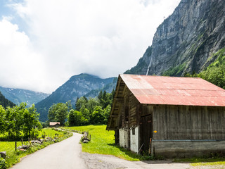 Barn near road in Lauterbrunnen Switzerland