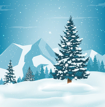 Winter landscape with snowy pine trees and mountains. Holiday backrground. Vector