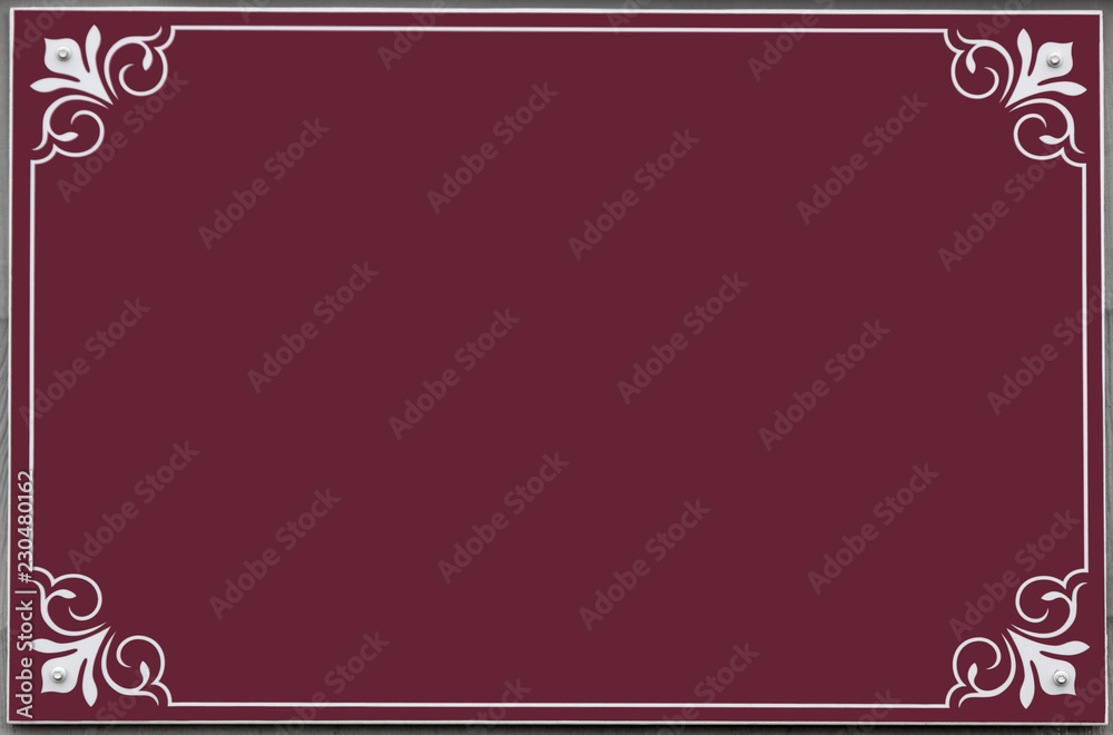 Wall mural empty plum colored sign with white scroll design around border. isolated. copy space.