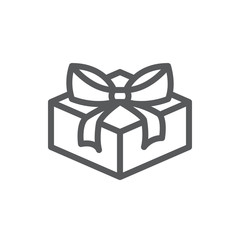 Wrapped gift box decorated with ribbon and bow pixel perfect line icon with editable stroke.