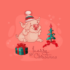 Cute pig, gift box and Christmas tree.  Vector.