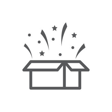 Open gift box with flying confetti - surprise concept in pixel perfect thin line icon with editable stroke.