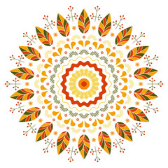 Autumn native flower pretty mandala with leaves, dots, lines. Color folk illustration on white background. Vector for print, decor, fabric, yoga, textile, design, fashion