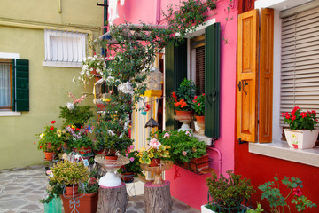View of colorful houses and street in the Burano Venice Italy