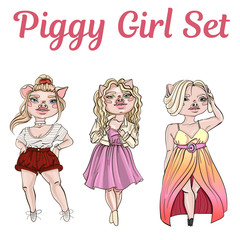 Fashion piggy girl set. 2019 year of the pig. Funny horoscope. Cute animal. Vector illustration in cartoon style.