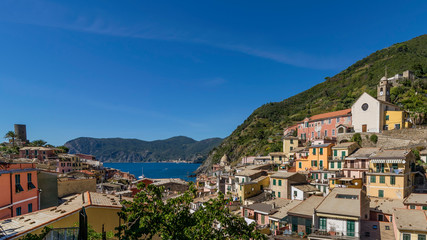 Fototapeta na wymiar Beautiful panorama of the Cinque Terre from the historic center of Vernazza, Liguria, Italy