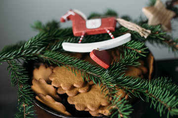 Gingerbread and Glogg, also known as Scandinavian mulled win is a traditional Scandinavian warming drink. Christmas background and concept for design