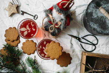 Gingerbread and Glogg, also known as Scandinavian mulled win is a traditional Scandinavian warming drink. Christmas background and concept for design