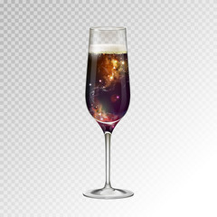 Realistic vector illustration of champagne glass  with space background inside