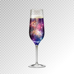 Realistic vector illustration of champagne glass  with space background inside
