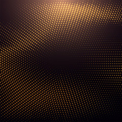 Abstract black background textured with radial glitter golden halftone pattern. Decoration element with stamped dotted ornament. Creative cover design template. Vector illustration.