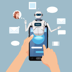 Hands Hold Smartphone Free Chat Bot, Robot Virtual Assistance On Smartphone Say Hello Element Of Website Or Mobile Applications, Artificial Intelligence Concept Cartoon Vector Illustration