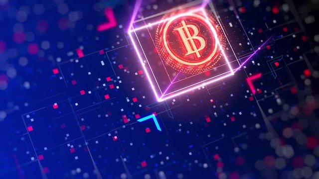 Thai Baht currency animated logo reveal. Financial sign on digital background. Closeup video with depth of field, bokeh, neon lights.