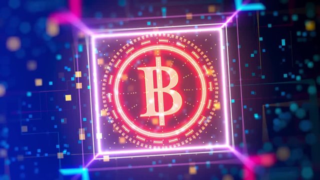 Thai Baht currency animated logo reveal. Financial sign on digital background. Closeup video with depth of field, bokeh, neon lights.