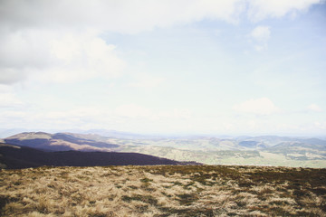 Ukrainian picturesque Carpathians. Mountain trip. Traveling Fields. Landscapes from the top. Trees. Autumn