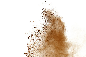 Brown powder explosion on white background. Dry soil splatted isolated. Paint Holi.