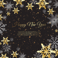 Christmas card with gold snow flake. Falling snowflakes on a dark background.