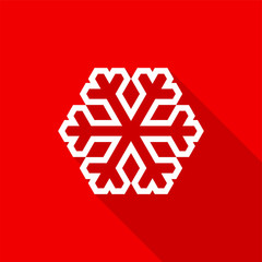 White snowflake outline icon with long shadow on red background. Vector Illustration EPS 10
