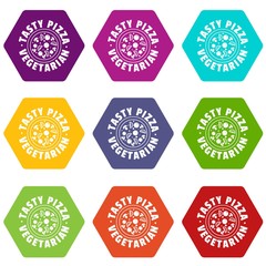 Pizza vegetarian icons 9 set coloful isolated on white for web