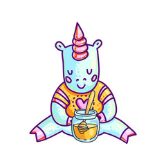 Small unicorn with jar of honey