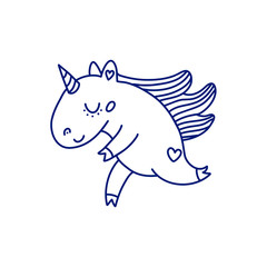 Blue linear unicorn on white background