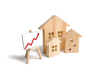 Wooden houses stand with red arrow up. Growing demand for housing and real estate. The growth of...