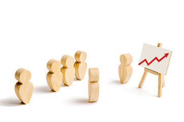 Wooden figures of people stand in the formation and listen to their leader. Business training, briefing and inspirational speech. Employee reports to management. Summing up, successes. Selective focus