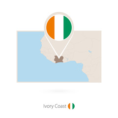 Rectangular map of Ivory coast with pin icon of Ivory coast