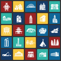 Modern and old buildings set on color squares background icons
