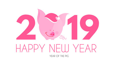 Happy New 2019 Year Template with Cartoon Pig Character.