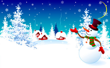 Snowman on a winter background, greeting card