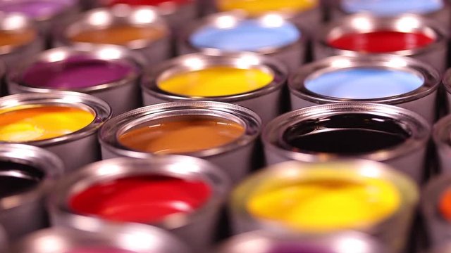 Collection of colored paints cans