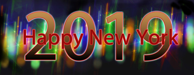 2019 - Happy New Year - neon sign on a glowing, shiny background