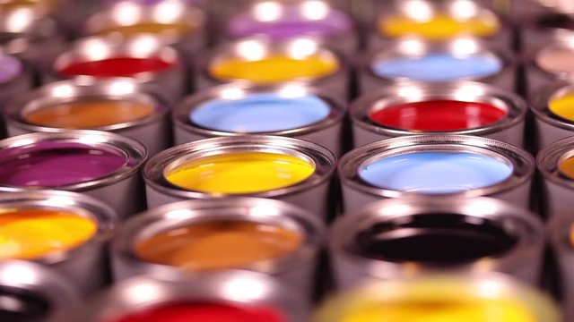 Collection of colored paints cans