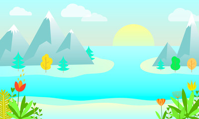 Fototapeta na wymiar Vector illustration: Landscape with lake or bay and mountains on horizon