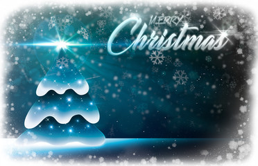 Christmas postcard with abstract background and pine shaped with leaves, snow particles and bright lights. Unfocused Snowy window background, snowing with blue background