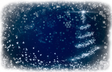 Unfocused Snowy window background, snowing with blue background. Christmas postcard with abstract background and pine shaped with leaves, snow particles and bright lights.
