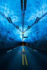 Famous Laerdal Tunnel Blue Lights in Norway. Longest Road Tunnel in the World - 15 Miles connecting Lærdal and Aurland in Sogn og Fjordane near Bergen