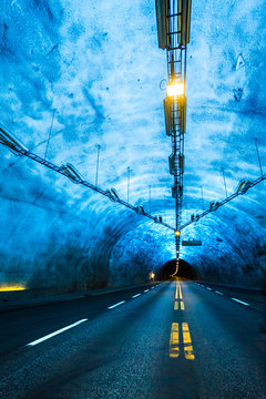 Famous Laerdal Tunnel Blue Lights in Norway. Longest Road Tunnel in the World - 15 Miles connecting Lærdal and Aurland in Sogn og Fjordane near Bergen