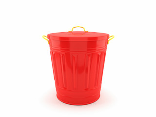 Red trash can on white background