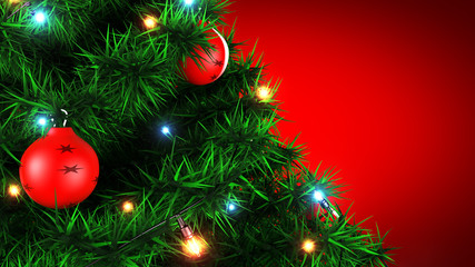 Christmas tree with toys and lights on a red background
