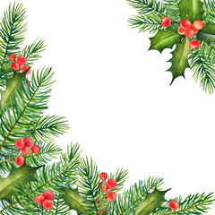 Decorative Christmas floral design with watercolor branches of holly with berries and pine tree