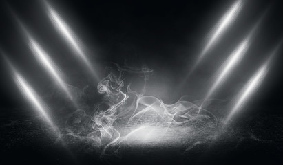 Background of empty street at night, neon light, asphalt, concrete, smoke, smog