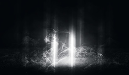 Background of empty street at night, neon light, asphalt, concrete, smoke, smog