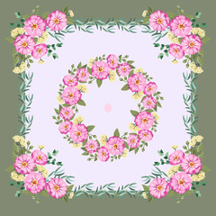 Colorful beautiful shawl, scarf print. Flowering summer garden zinnia background. Country, Cuban, gipsy style. Bandana, pareo, home textile design. Use for covers, surface, scrapbooking, decoupage.