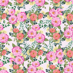 Seamless gorgeous bright pattern in garden flowers of zinnia. Millefleur. Floral background for textile, wallpaper, covers, surface, print, gift wrap, scrapbooking, decoupage.