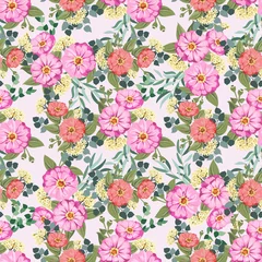 Poster Naadloos schitterend helder patroon in tuinbloemen van zinnia. Millefleur. Florale achtergrond voor textiel, behang, covers, oppervlak, print, cadeaupapier, scrapbooking, decoupage. © evamarina