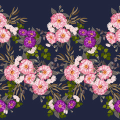 Remarkable seamless plant border in garden flowers of zinnia. Floral beautiful background for textile, wallpaper, covers, surface, print, gift wrap, scrapbooking, decoupage.