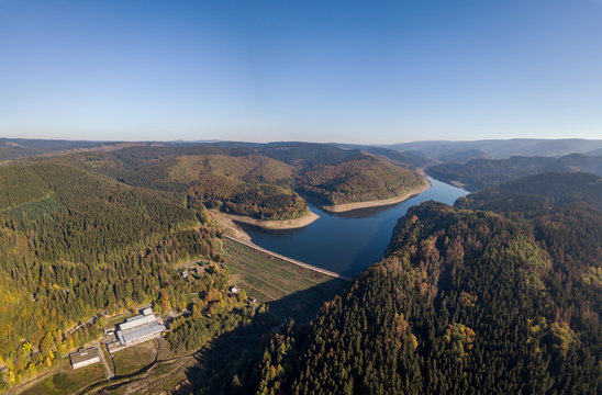 Aerial view Soese Dam and lake in Harz mountains